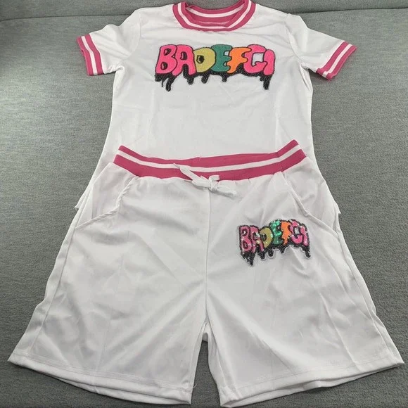 Women White Bodycon Shirts & Shorts with Sequined Front Logo Set Size XXL (A41) - Picture 2 of 13